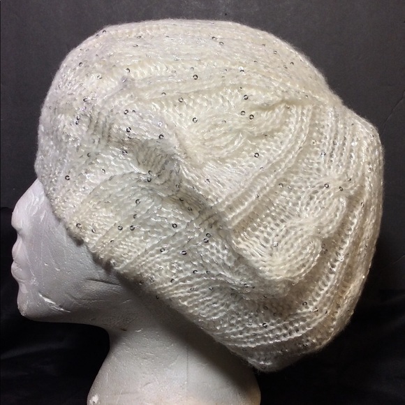 Women’s White W. Silver Sequins Knit Slouch Hat - Picture 2 of 3